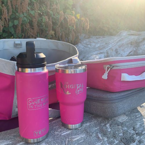 Digital Gal mugs and bottles on the beach