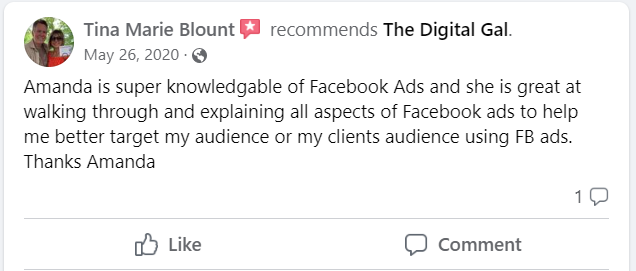 Facebook recommendation from Tina Marie Blount: Amanda is super knowledgable of Facebook Ads and she is great at walking through and explaining all aspects of Facebook ads to help me better target my audience or my clients audience using FB ads. Thanks Amanda