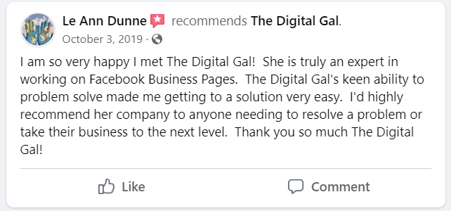 Facebook recommendation from Le Ann Dunne: I am so very happy I met The Digital Gal! She is truly an expert in working on Facebook Business Pages. The Digital Gal's keen ability to problem solve made me getting to a solution very easy. I'd highly recommend her company to anyone needing to resolve a problem or take their business to the next level. Thank you so much The Digital Gal!