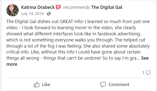 Facebook recommendation from Katrina Drabeck: The Digital Gal dishes out GREAT info! I learned so much from just one video - I look forward to learning more! In the video, she clearly showed what different interfaces look like in facebook advertising, which is not something everyone walks you through. The helped cut through a lot of the fog I was feeling. She also shared some absolutely critical info. Like, without this info I could have gone about certain things all wrong - things that can't be undone!