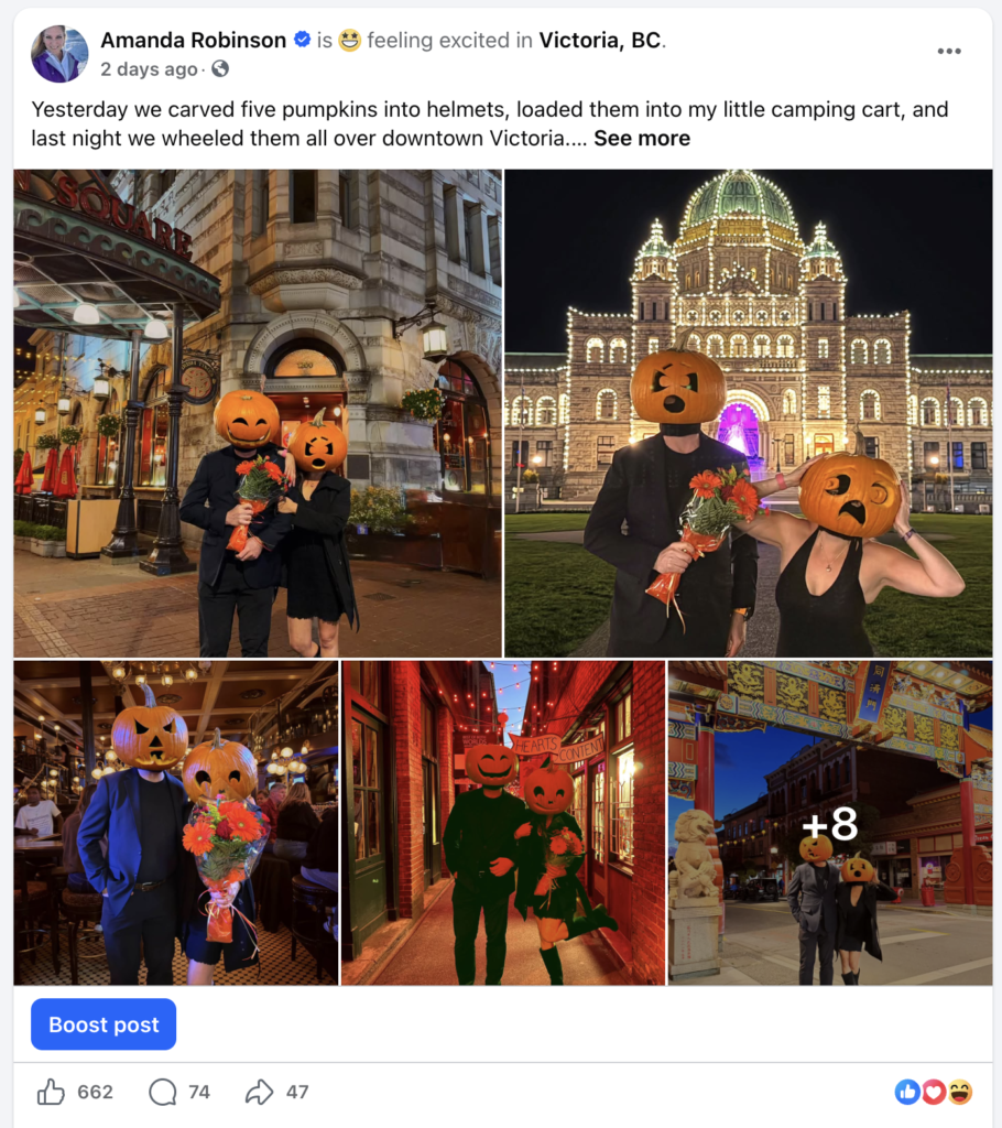 Amanda's Living Vicariously pumpkin-head photoshoot post on Facebook, 662 likes, 74 comments, 47 shares