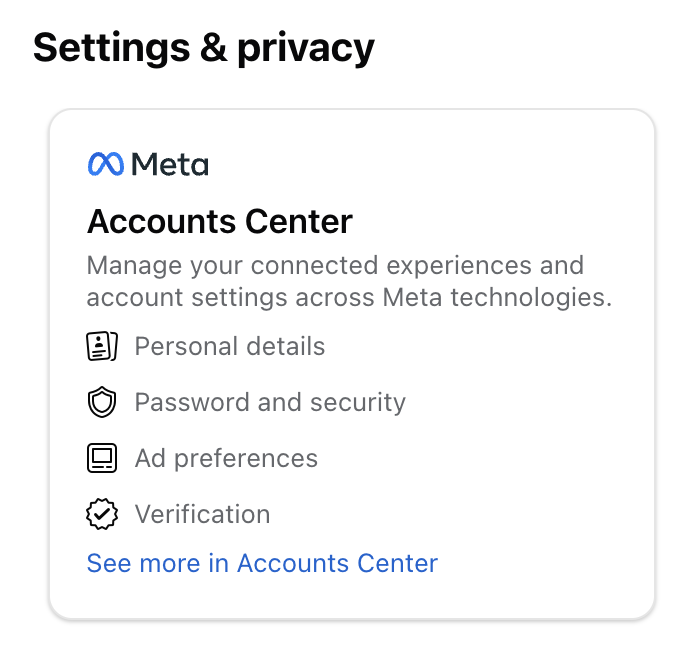 The Meta Accounts Center card inside Settings and privacy, showing Personal details, Password and security, Ad preferences, and Verification