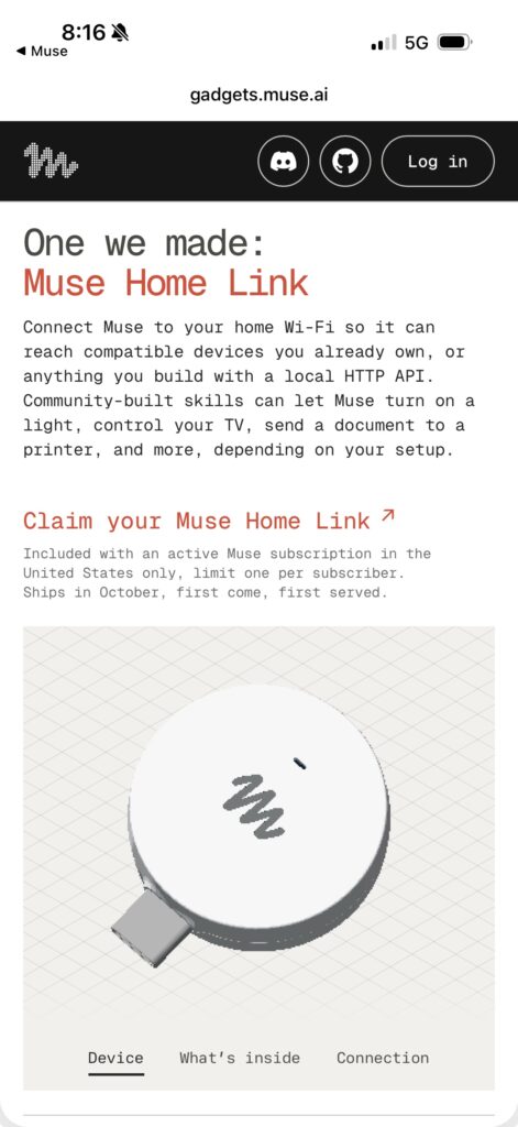 Screenshot of the Muse Home Link page at gadgets.muse.ai